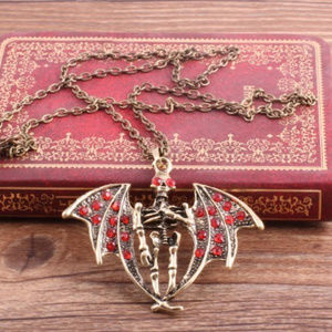 Red Rhinestone Wing Skeleton Antique Gold Hallowen